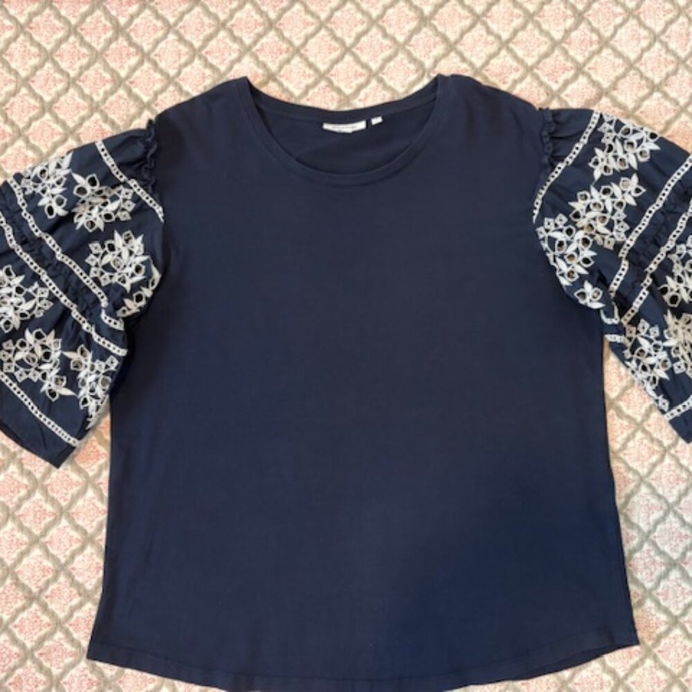 Chicos size: 2 Navy Embroidered Bell Sleeve Cotton Knit top